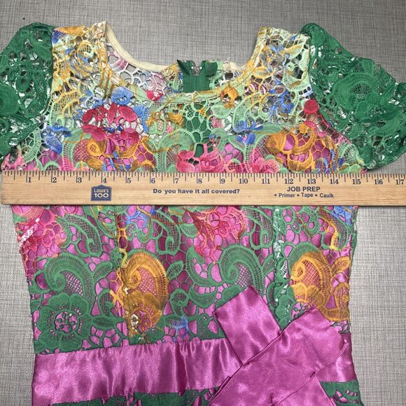 Handmade macramé floral bright green satin lace midi dress S whimsical fairy - Picture 10 of 13